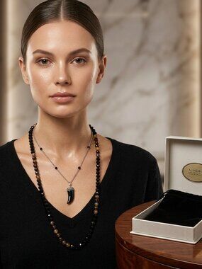 Ali khan 2pc neck set silver chain with horn shape & stones necklace black